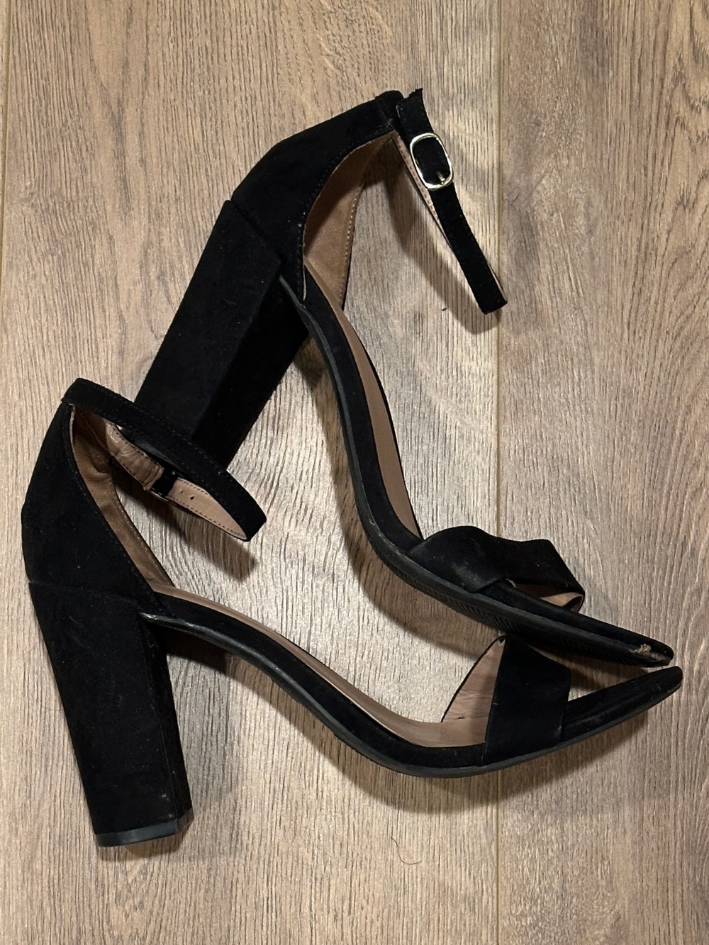 Women’s Black Ankle-Strap Open-Toe Heels, Sz 8, 4“ Heel - Picture 1 of 8